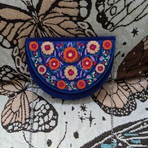 Plush floral embroidered half moon crossbody purse